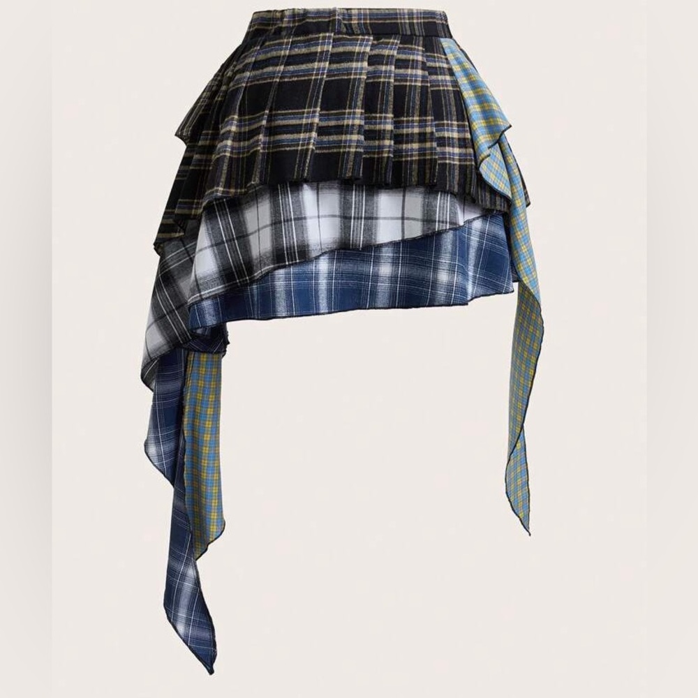 SHEIN Asymmetrical Plaid Skirt in Black, Blue, and Yellow